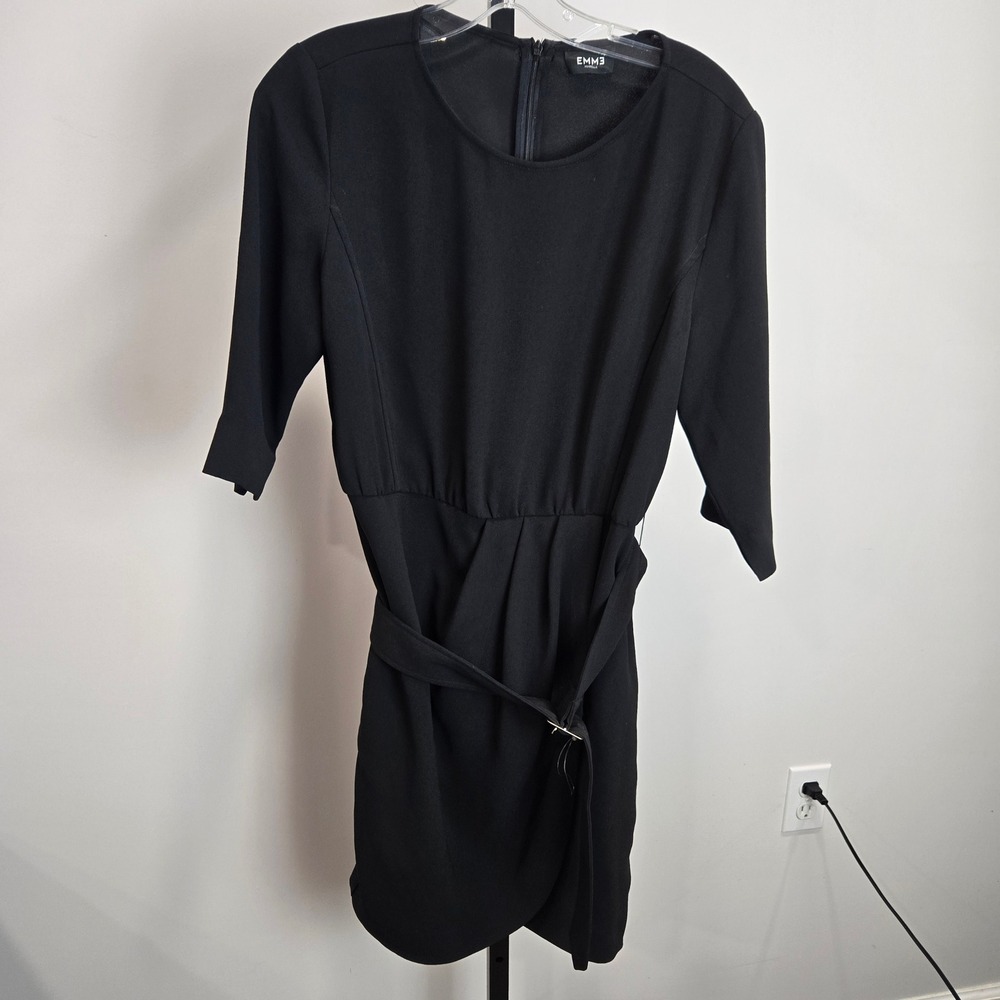 Emme Marella Black 3/4 Sleeve Belted Shift Dress Size 6 Office Minimalist